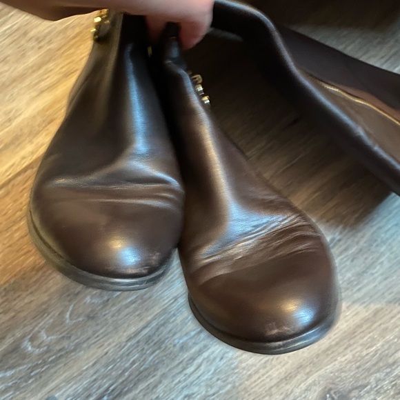 Michael Kors Hamilton Stretch Dark Brown Leather Riding Boots with Gold Accents - Picture 5 of 7